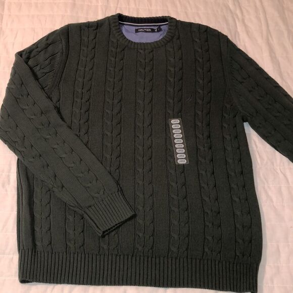 Nautica L Cotton Emerald Green Cable Knit Crewneck Sweater - Picture 14 of 14